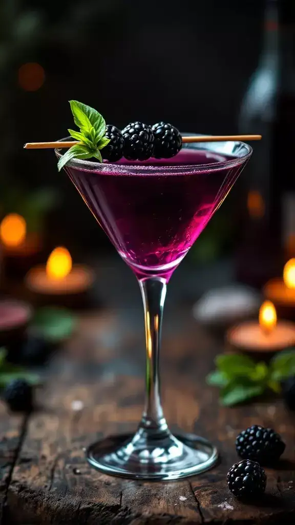 A colorful Blackberry Basil Martini garnished with fresh basil and blackberries.