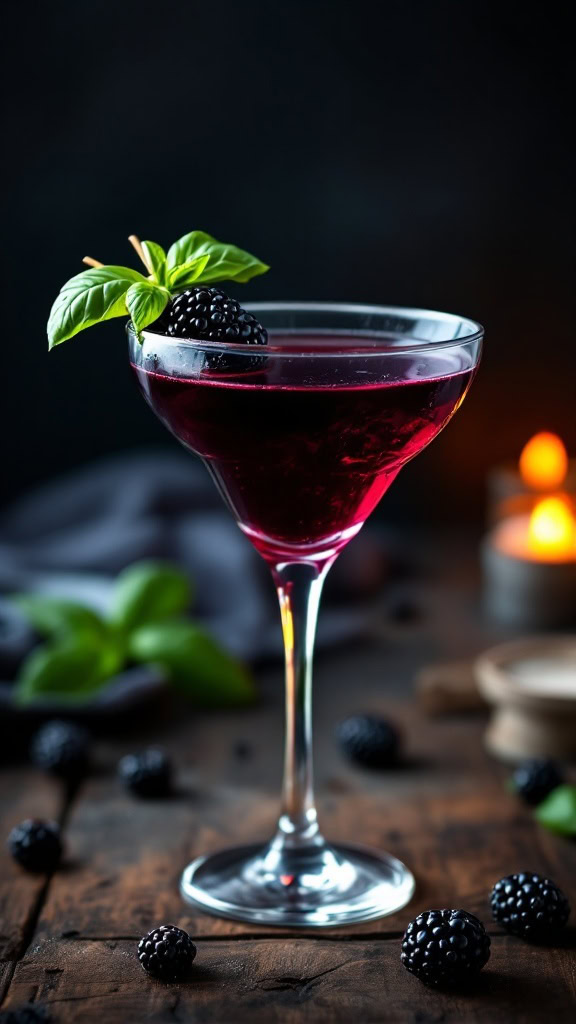 A Blackberry Basil Martini with fresh blackberries and basil leaves.