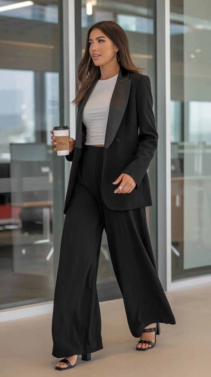 This outfit strikes a great balance between polished and comfy. Pair a tailored blazer with a simple tee and flowy pants for a relaxed vibe that still looks put together. Add some chic sandals and a coffee cup for the perfect office-ready look!