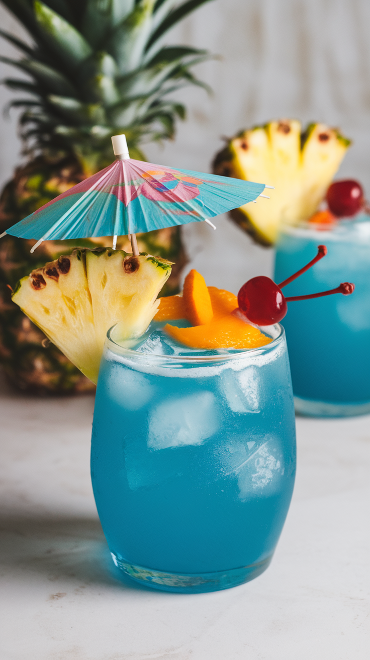 A vibrant Blue Hawaiian cocktail garnished with fruit and a parasol, set against a beach backdrop.