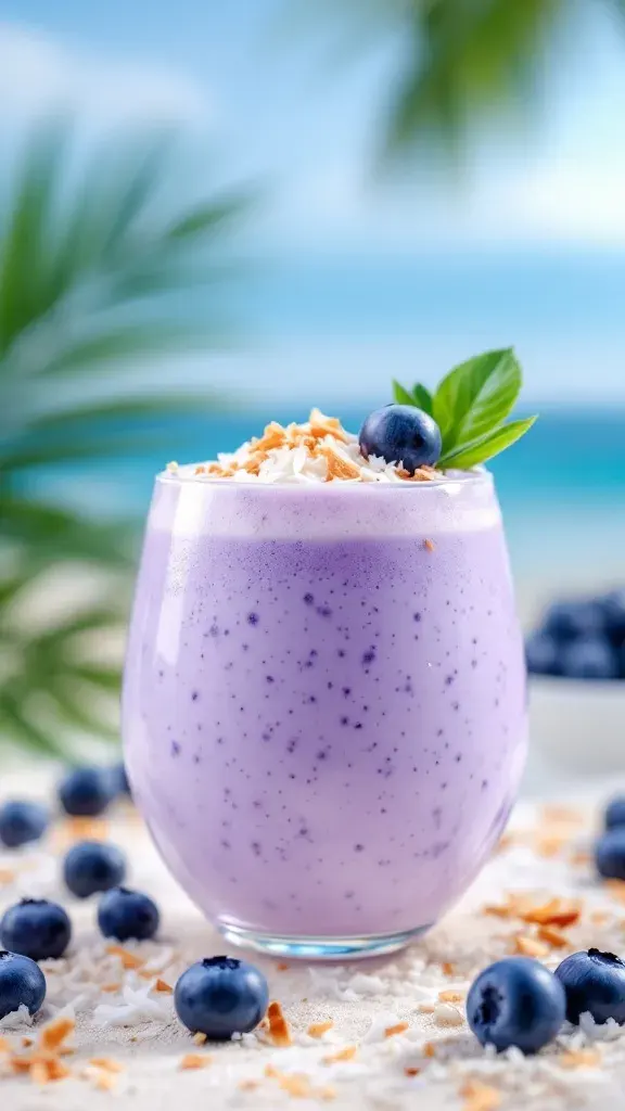 The Blueberry Coconut Cooler is a refreshing treat perfect for warm days. Mix blueberry vodka with coconut milk and ice for a smooth, fruity drink. Top it with toasted coconut and fresh blueberries for a fun twist!