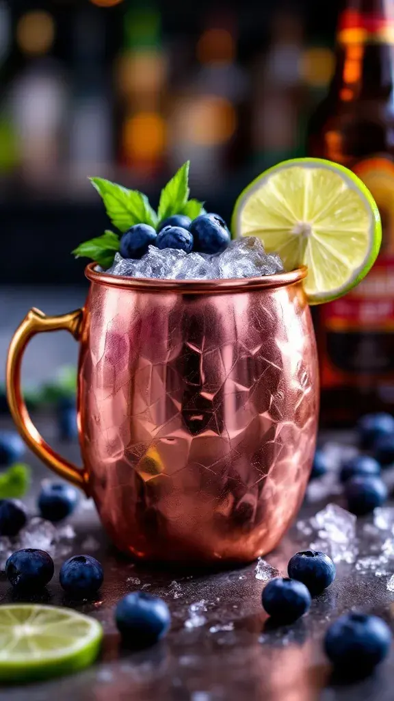 The Blueberry Moscow Mule is a fun twist on the classic cocktail. With fresh blueberries, zesty lime, and the kick of vodka, it's super refreshing. Serve it in a copper mug for that perfect ice-cold sip!