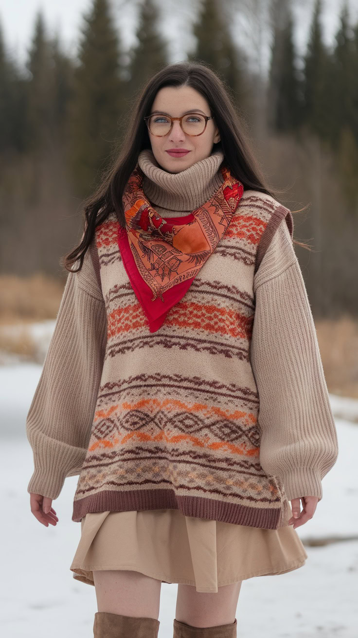 Winter boho style brings warmth and flair with layers that work together beautifully. Pairing a cozy vest and a soft scarf with knee-high boots creates a chic look that's perfect for chilly days. This outfit not only keeps you warm but also showcases your unique style.