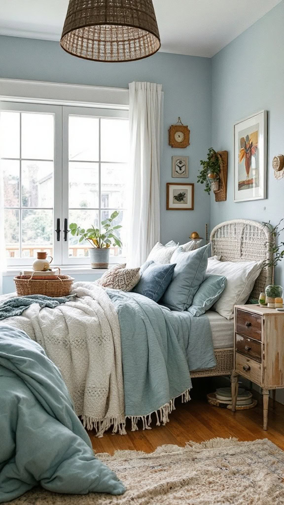 This cozy bedroom captures bohemian vibes with its layered blue textiles. The mix of soft blankets and cushions creates an inviting space ideal for relaxation. It's all about comfort and style, making it perfect for unwinding at the end of the day.