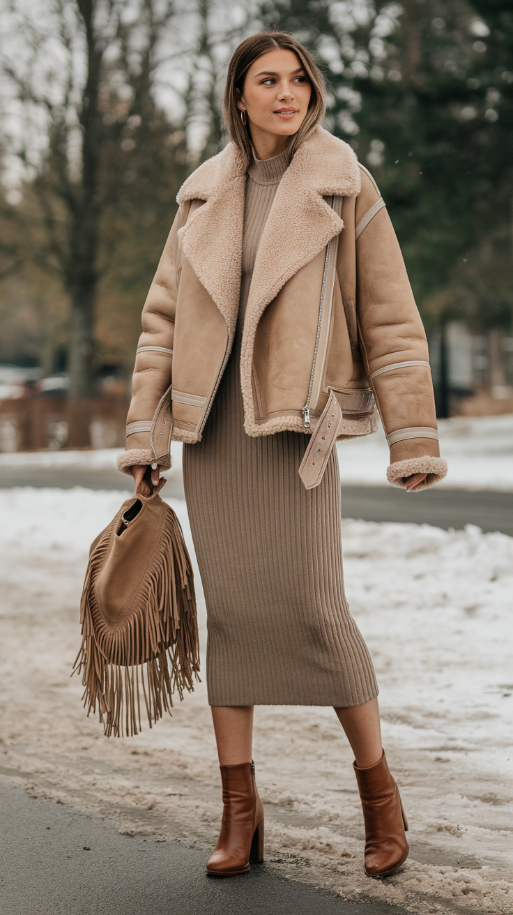 Shearling jackets are warm and add a touch of rustic boho charm. Pair one with a midi dress for a balanced winter date night look.