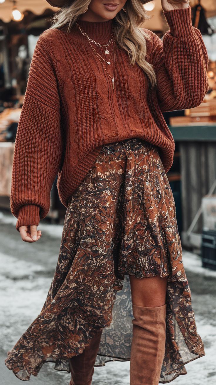 Balance cozy and flowy with this classic boho pairing. A chunky knit sweater adds warmth, while a flowy skirt keeps the look romantic and free-spirited.