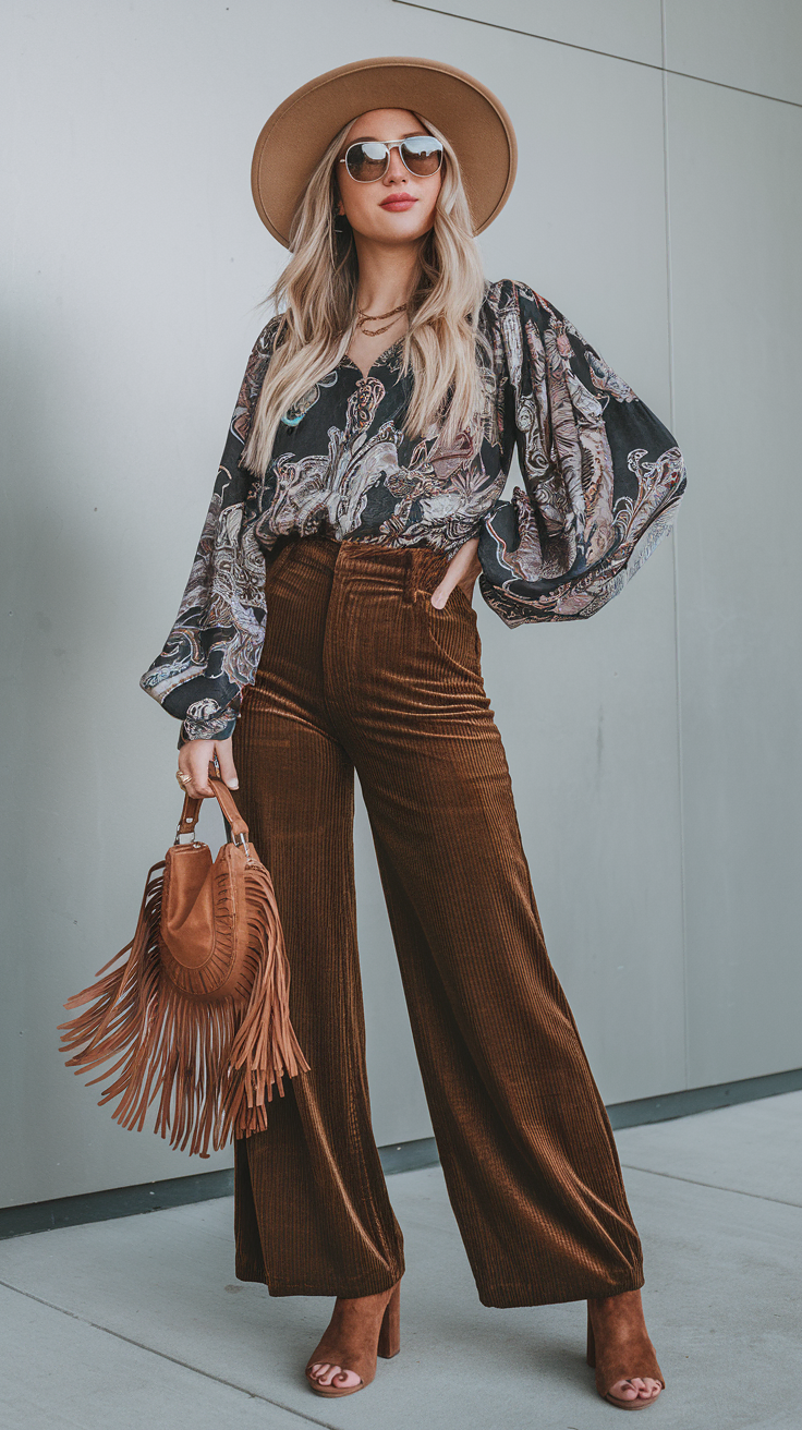 For a chic boho look that’s effortlessly cool, opt for wide-leg pants paired with a bold, flowy blouse.