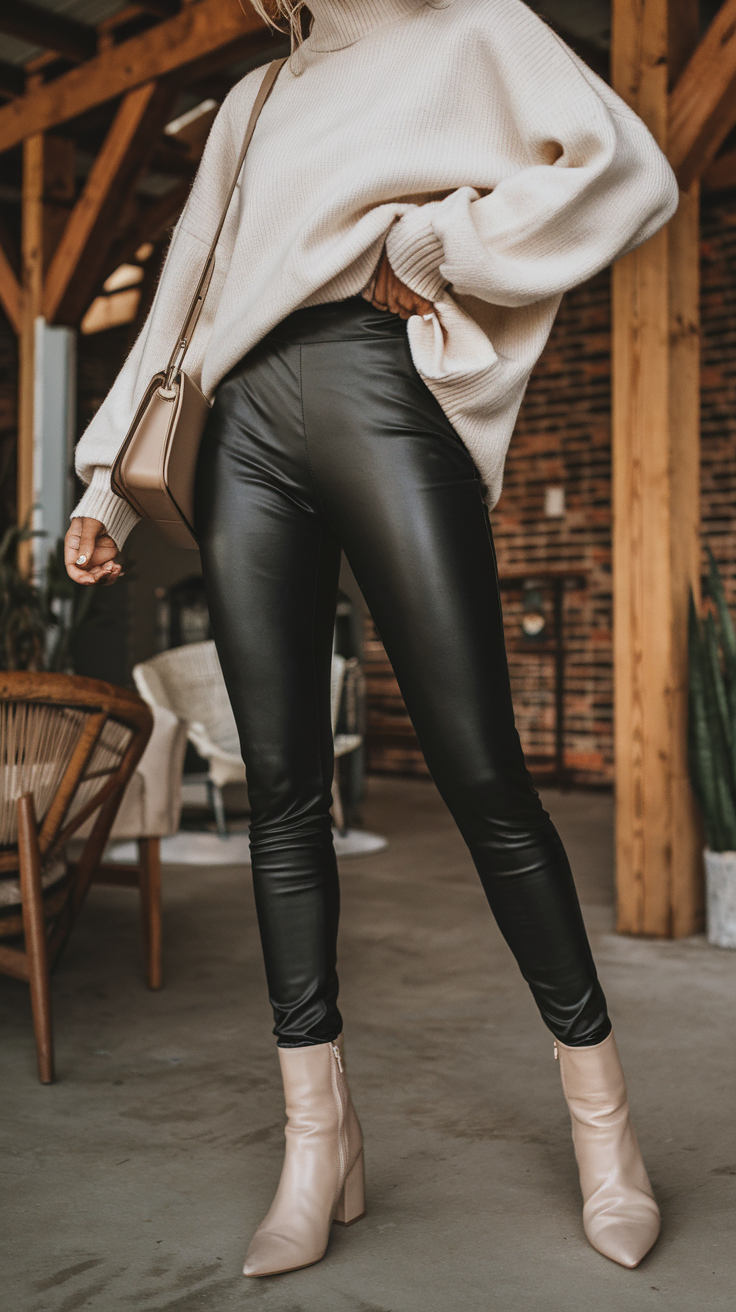 Faux leather leggings add a modern edge to your boho look, while an oversized sweater keeps things cozy and relaxed.