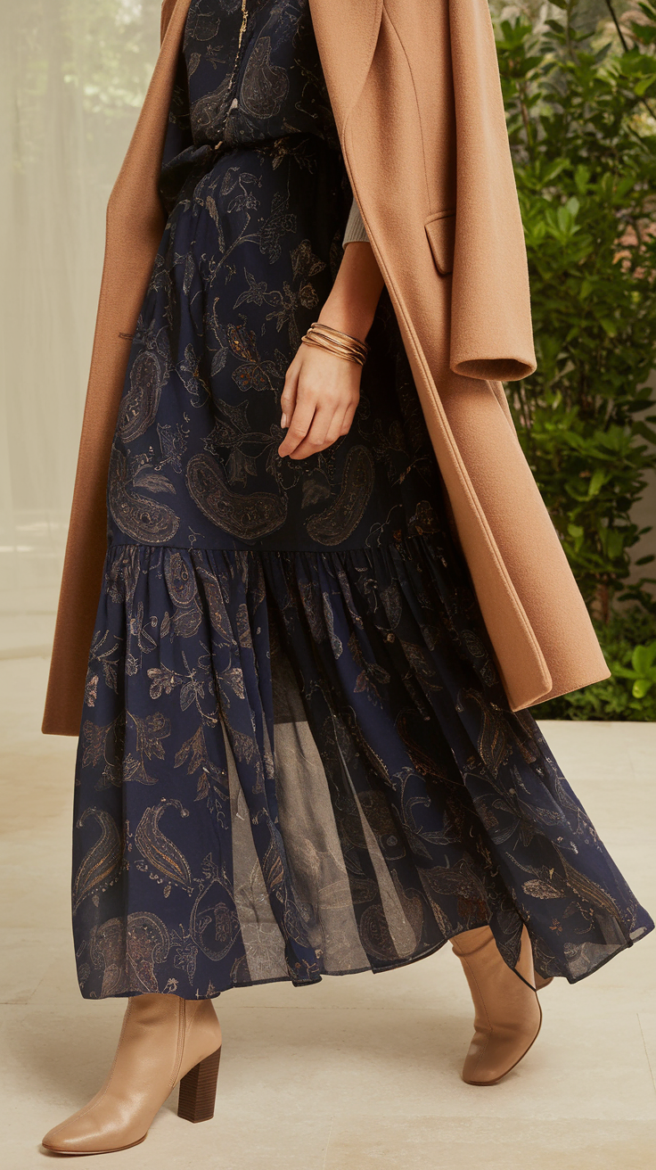 A paisley print maxi dress screams boho, and a tailored wool coat adds a touch of sophistication for a polished winter look.