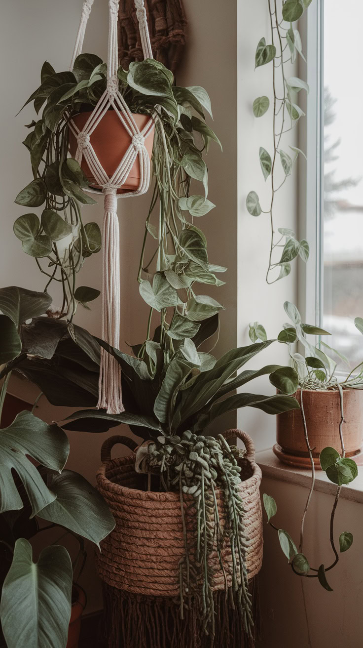 What It Is: A lush, layered display with lots of greenery and natural textures. Think macrame hangers, woven baskets, and cascading plants like pothos or string of hearts.