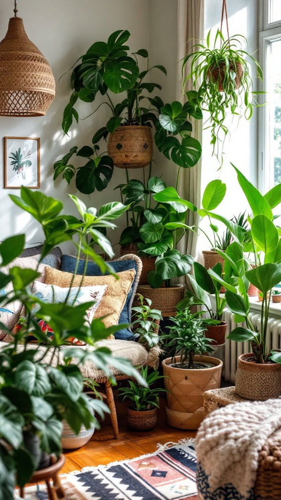 Bring the outdoors in with a collection of lush, vibrant plants. A mix of potted greenery, hanging planters, and even small trees can breathe life into your living room. Place them at varying heights for a dynamic display that feels like an indoor garden.