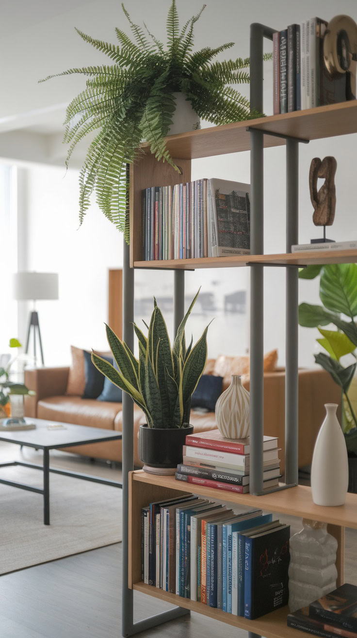 Combining bookshelves with plants is a fun way to liven up your living space. A few well-placed pots can transform a simple shelf into a stylish focal point. Try adding a trailing plant on top for a stunning effect!