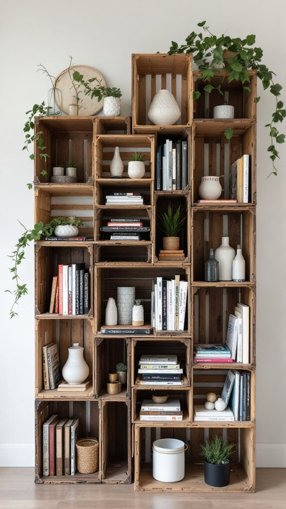 This bookshelf made from crates is a fun way to showcase your favorite books and plants. It's both stylish and practical, giving your space a unique touch. Plus, it’s a great DIY project if you're up for some creative fun!