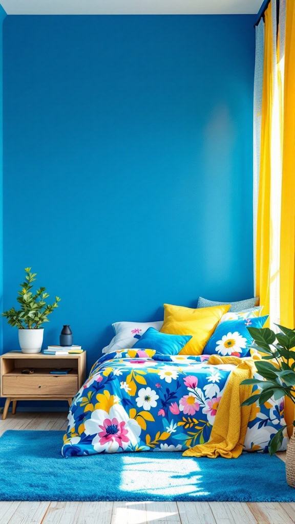 Bright blue guest bedroom with yellow accents and floral bedding.