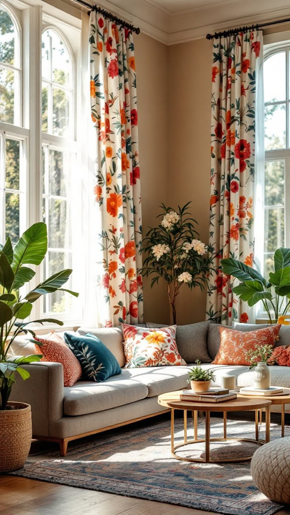 Curtains can completely transform the mood of your living room. Choose bright, cheerful patterns or solid colors that complement your decor, and let natural light pour in for a sunny, welcoming vibe.