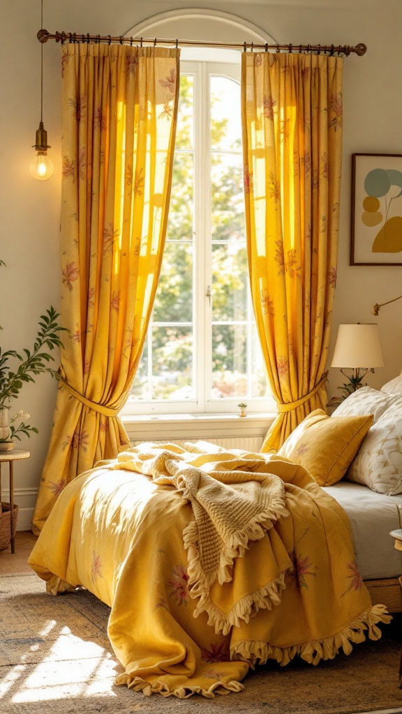 Floral curtains with yellow accents are a fabulous way to bring in color and pattern. They create a cheerful ambiance and make your room feel like spring all year round.