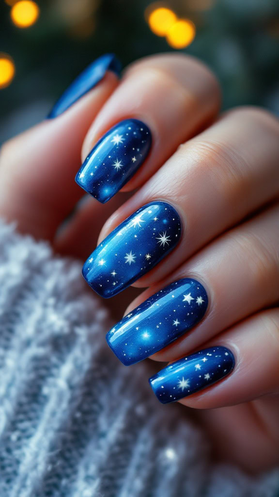 Embrace the wonder of the holiday season with starry night-inspired nails. A deep blue base adorned with white stars creates a magical, celestial look.