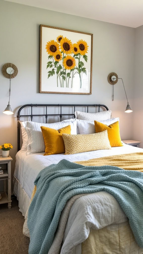 Sunflowers are nature’s smile-makers, and incorporating them into your guest bedroom instantly brightens the space. Imagine a sunflower painting above the bed or cheerful sunflower-patterned cushions paired with soft, neutral bedding. These vibrant accents add a playful yet elegant charm.