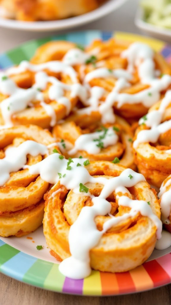 Buffalo chicken roll-ups are a fun and tasty snack that everyone will love. They combine spicy buffalo flavor with creamy ranch dressing drizzled on top. Perfect for game day or any casual gathering, these roll-ups will have your friends asking for more!