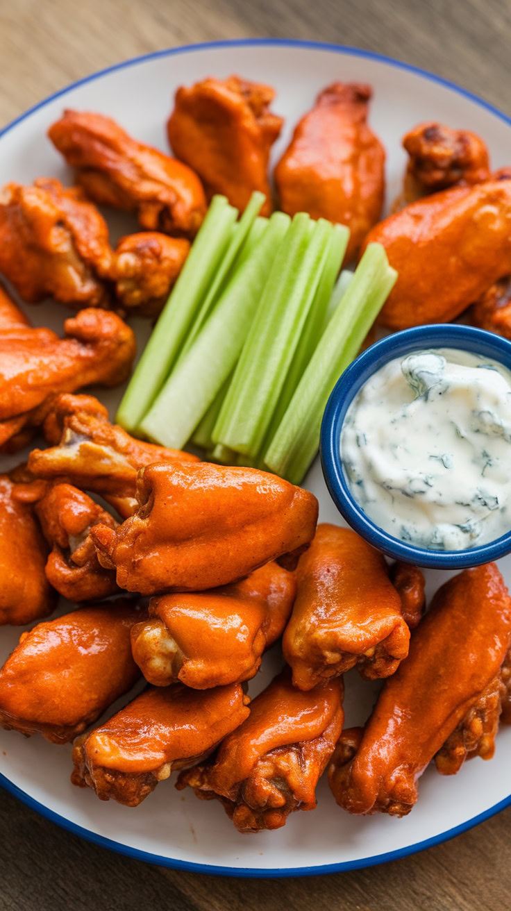 A platter of Buffalo chicken wings with celery sticks and blue cheese dressing.