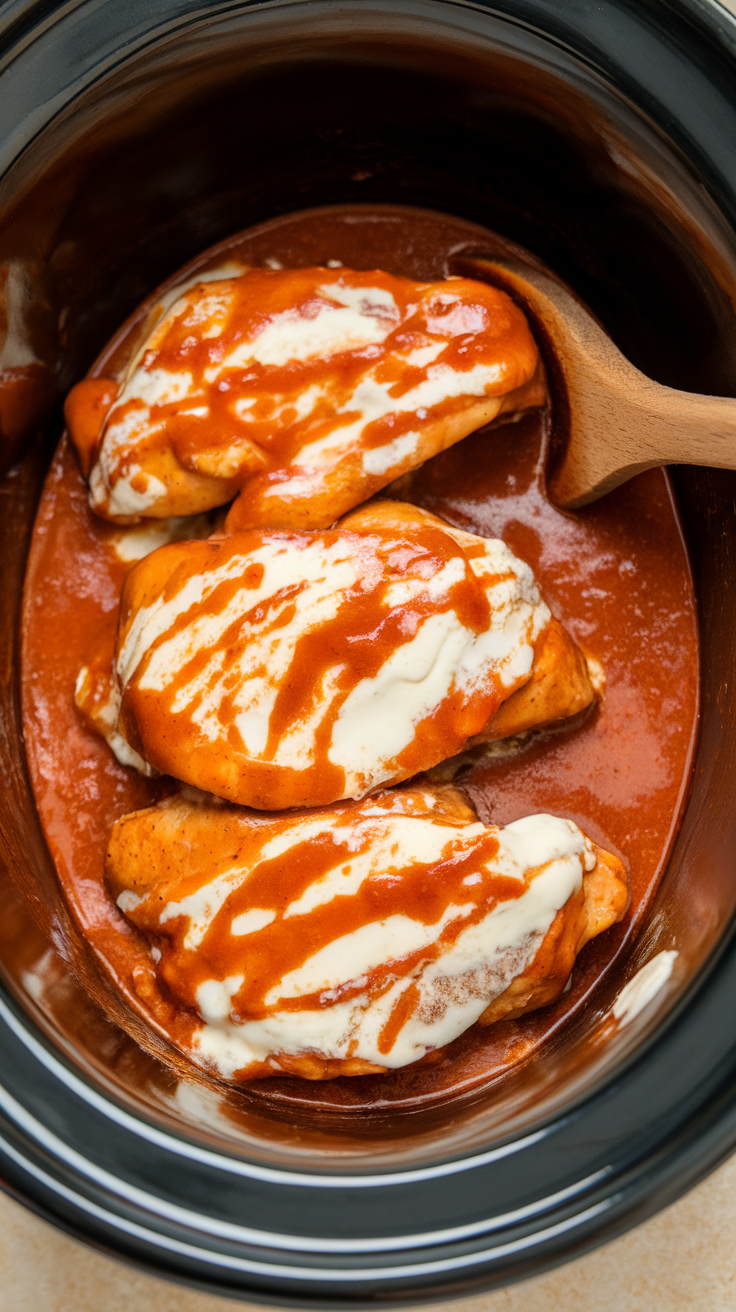 This Buffalo chicken with cream cheese is a hit for any gathering. The flavors blend perfectly, creating a creamy and spicy dish that everyone will love. Serve it with some crunchy celery and your favorite dipping sauce for a delicious meal!