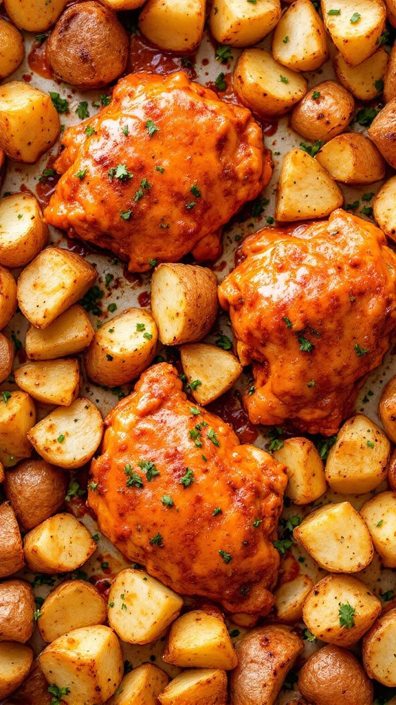 This Buffalo Ranch Chicken & Potatoes recipe packs a punch with its spicy flavors. Juicy chicken thighs are coated in a tangy buffalo sauce, perfectly paired with tender roasted potatoes. It’s a simple, one-pan meal that everyone will love!