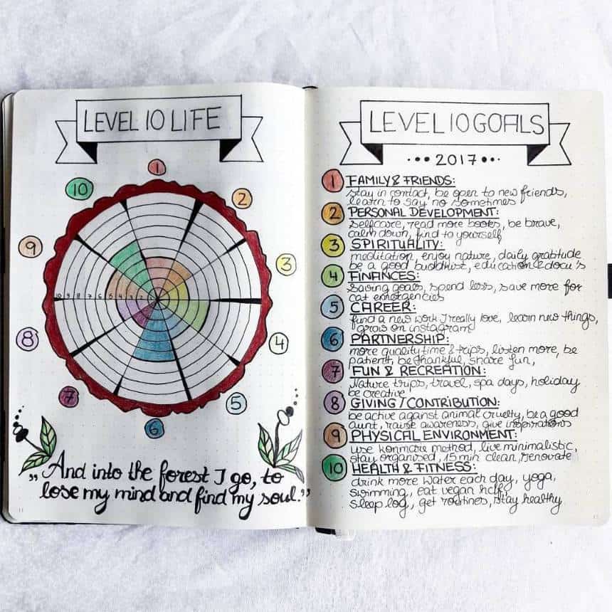 Level 10 Bullet Journal spread from @needful.art