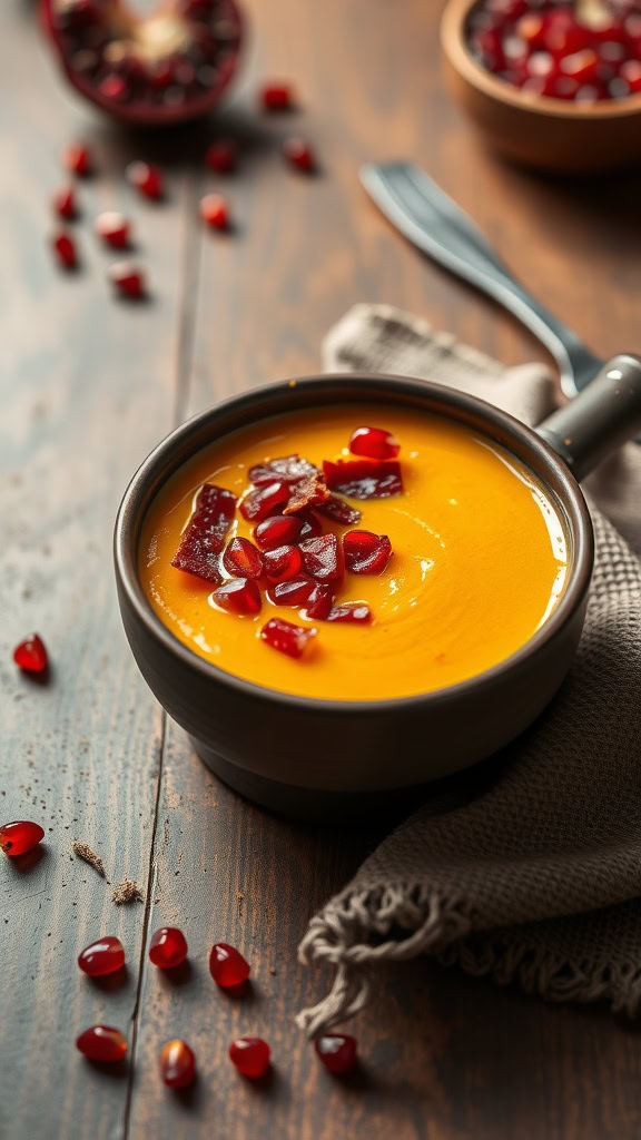 Bowl of creamy butternut squash soup topped with bacon and pomegranate seeds