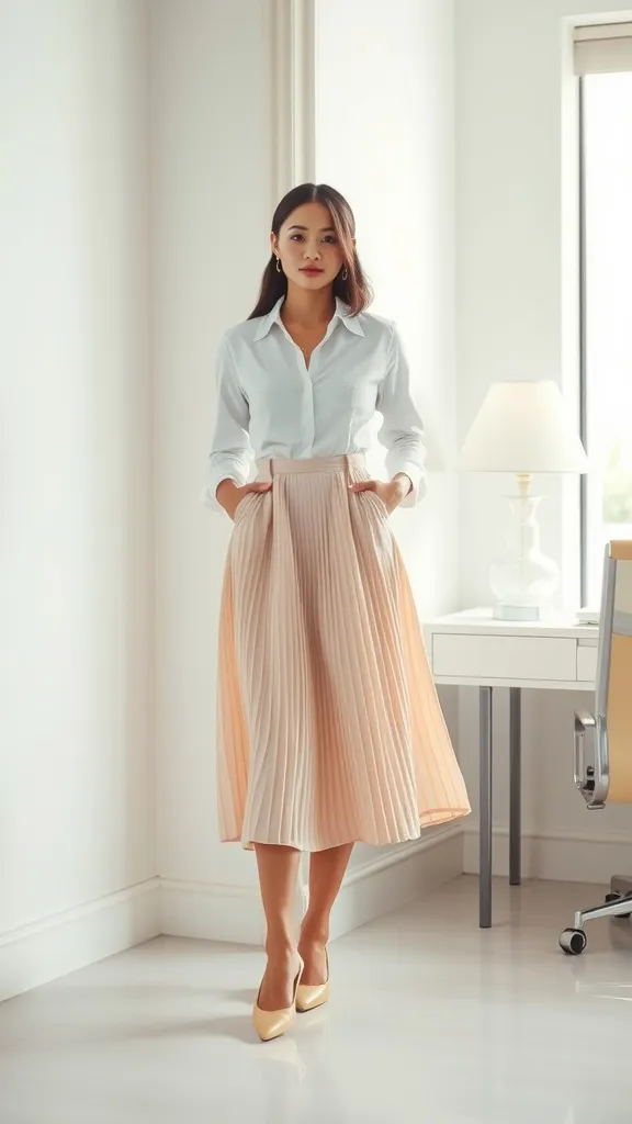 A classic button-down shirt paired with a midi skirt is a chic choice for the office. This combination balances professionalism with a touch of femininity, making it easy to feel confident throughout your day. Add some stylish heels to elevate the look even further!