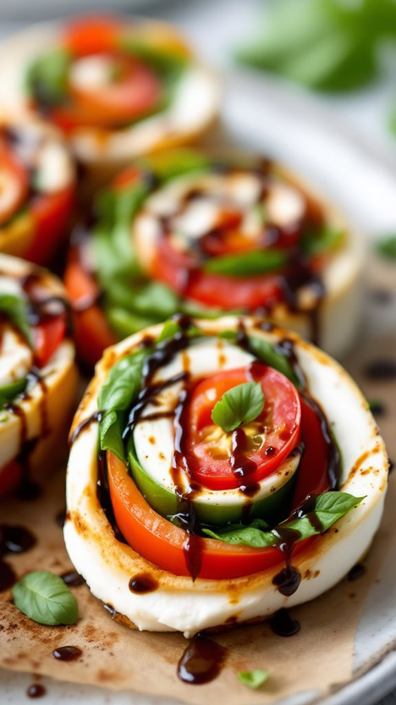 Give your favorite Italian salad a fun twist with caprese salad pinwheels. Fresh mozzarella, juicy tomatoes, and fragrant basil are rolled up and drizzled with balsamic glaze. These pin wheels are bursting with flavor and are perfect for appetizers easy to prepare!