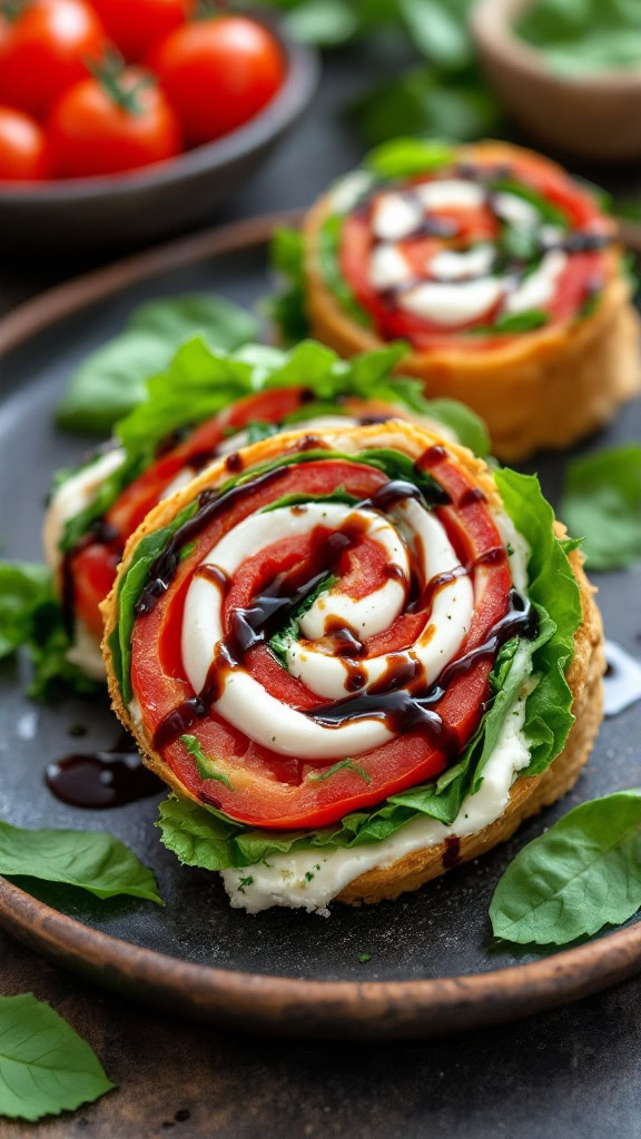 These Caprese salad pinwheels are a fun twist on a classic dish. Fresh tomatoes, mozzarella, and basil come together in a delicious rolled-up bite. Perfect for a quick snack or a party platter!