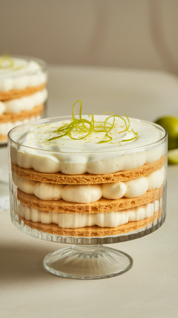 A glass dish filled with layers of Carlota de Limón, topped with lime zest.