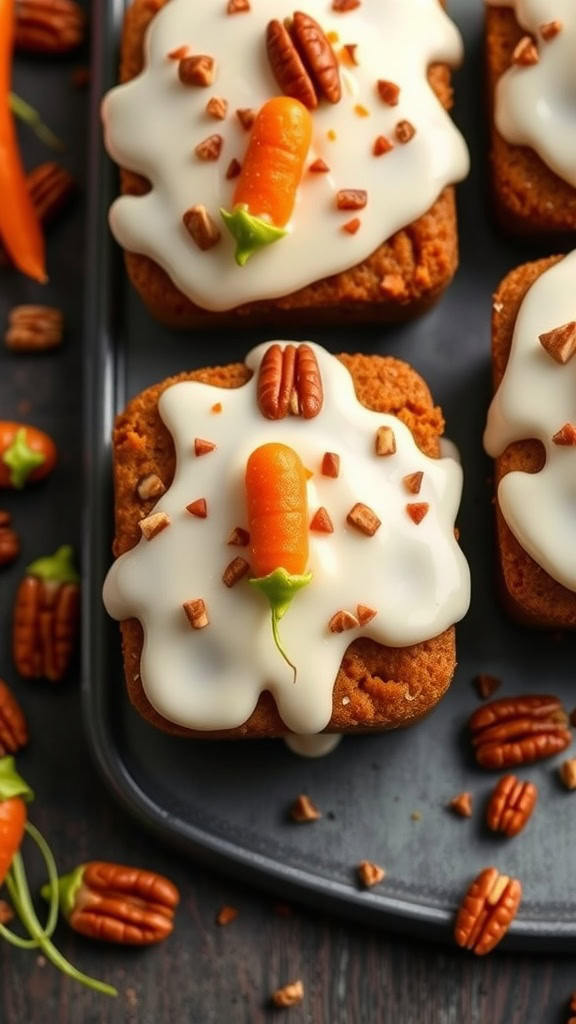 These carrot cake mini loafs are a perfect treat for any bake sale. They are moist, flavorful, and topped with cream cheese frosting, making them irresistible. Add some pecans and a little carrot decoration for that extra touch!