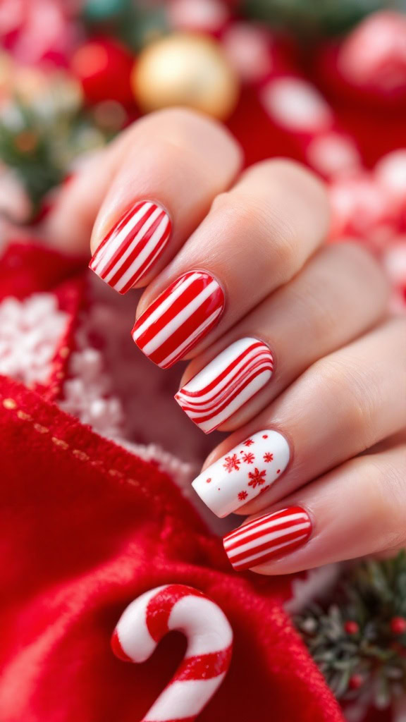 Nothing says Christmas like candy canes, and this nail design captures their charm perfectly. With alternating red and white stripes, these nails mimic the look of classic holiday treats. Add a snowflake accent nail for an extra touch of winter magic.