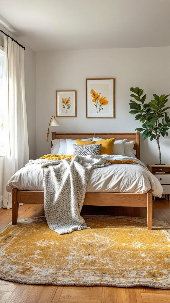 A yellow area rug is an effortless way to add a burst of color to your guest bedroom. It anchors the room while injecting personality and charm.