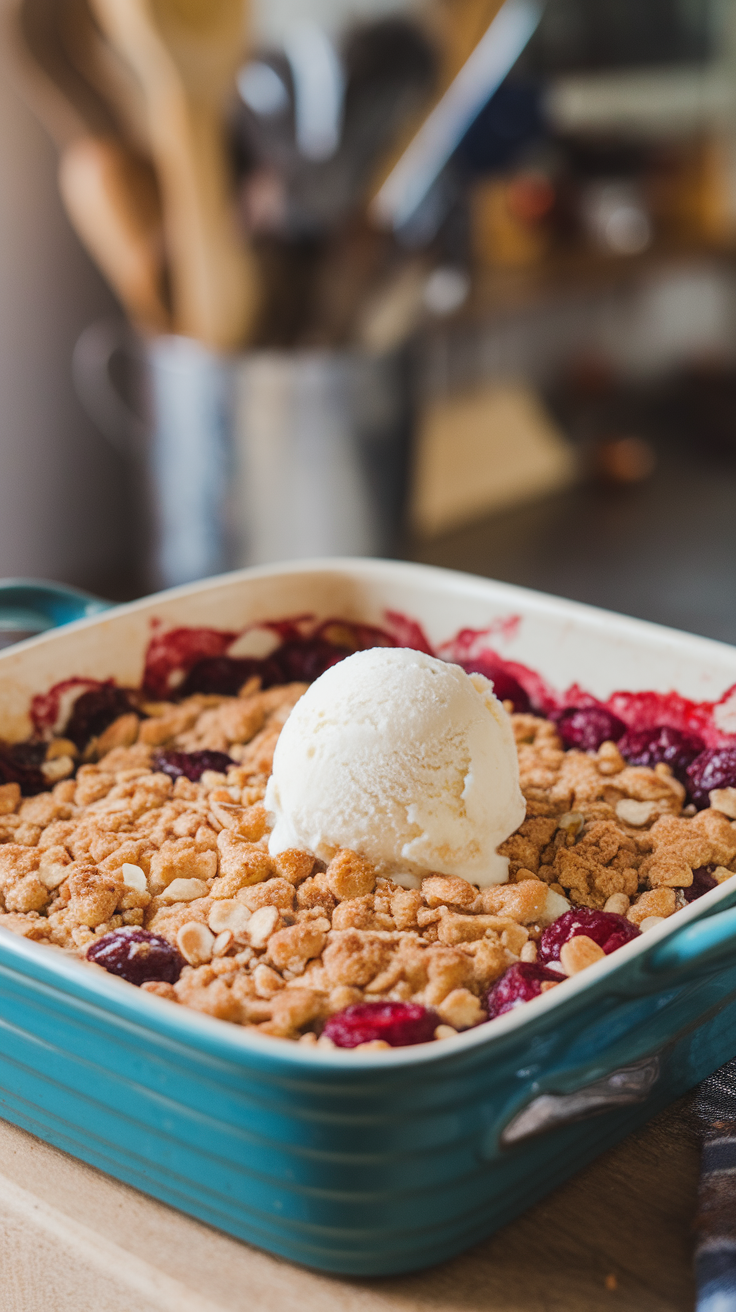 This cherry almond crisp is the perfect dessert for any gathering. The sweet cherries and crunchy almond topping make it a crowd-pleaser. Serve it warm with a scoop of vanilla ice cream for an extra treat!