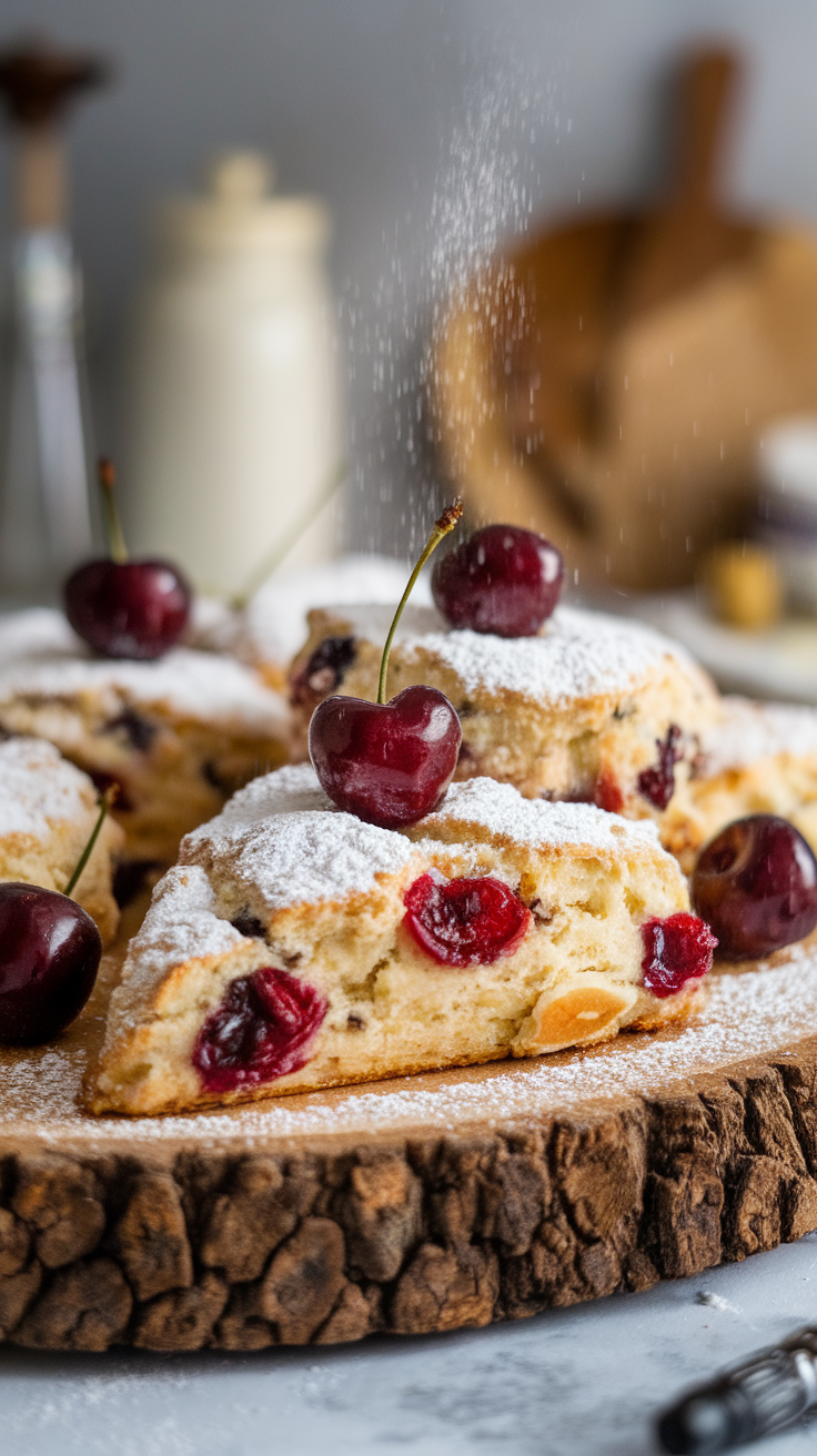 Cherry and almond scones are a delightful treat for any time of day. The sweet cherries blend perfectly with the nutty flavor of almonds, creating a tasty combination. Serve them warm with a dusting of powdered sugar for a simple yet impressive snack.