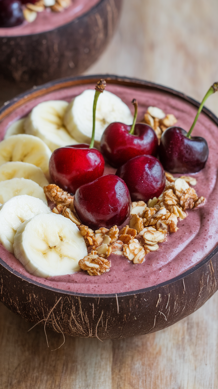 This Cherry Chocolate Smoothie Bowl is a tasty treat that you can whip up in no time. It combines the rich flavors of chocolate with fresh cherries and bananas.