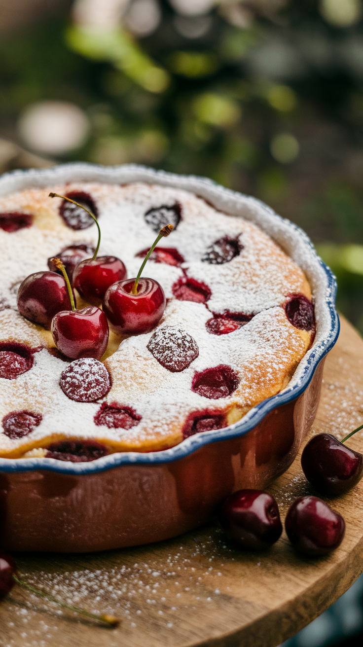 Cherry clafoutis is a delightful French dessert that's sure to impress. This sweet treat pairs juicy cherries with a pancake-like batter, creating a perfect balance of flavors and textures. Serve it warm, dusted with powdered sugar, and enjoy the cozy vibes!