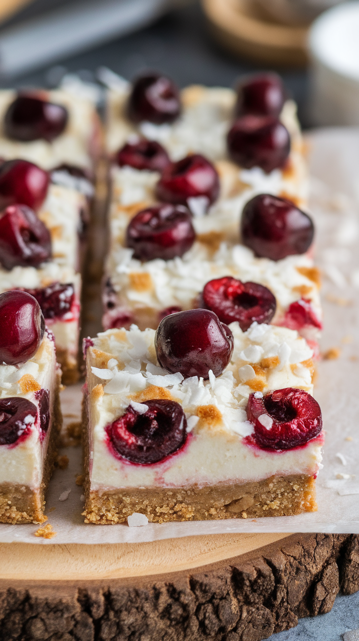 Cherry Coconut Bars are a delightful treat that combines the sweetness of cherries with the tropical flair of coconut. The creamy layer, topped with juicy cherries and a sprinkle of coconut, makes every bite refreshing and satisfying. They're perfect for gatherings or just a sweet snack at home!