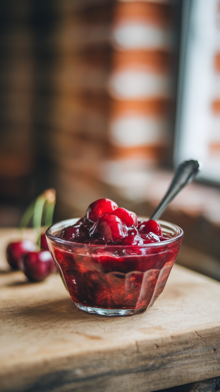 Cherry compote is a simple yet delightful treat that can brighten up any dessert. Just simmer fresh cherries with a bit of sugar and lemon juice, and you’ll have a sweet and tangy topping in no time. It’s perfect over ice cream, pancakes, or even yogurt!