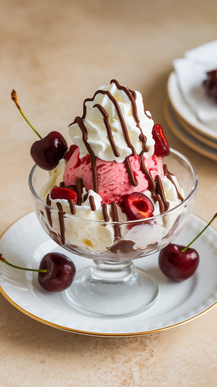 Cherry ice cream sundaes are a delightful treat. Layered with creamy vanilla and rich chocolate, they are topped with whipped cream and juicy cherries. It's the perfect way to cool down and enjoy the sweet taste of cherries!