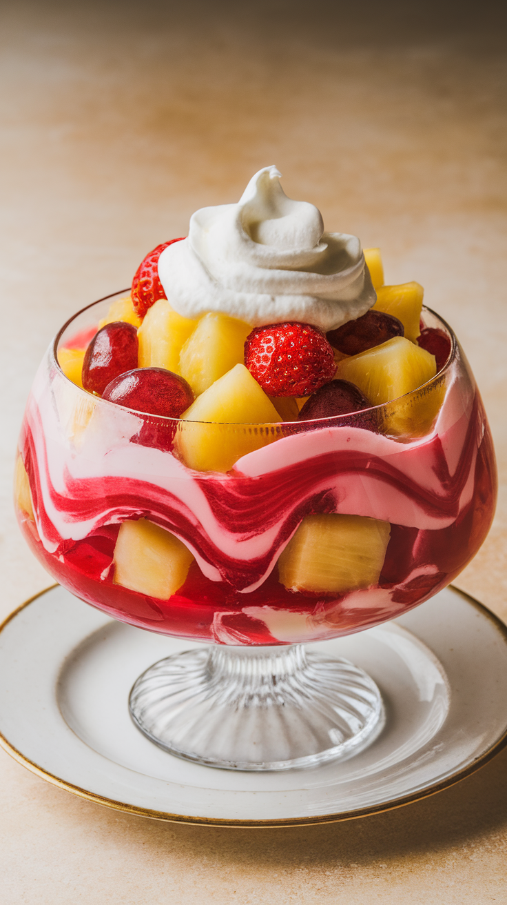 Cherry Jello Salad is a fun and colorful treat that everyone loves. It combines cherry-flavored gelatin with fresh fruits, making it a delightful addition to any gathering. Top it off with some whipped cream, and you have a dessert that’s both tasty and eye-catching!