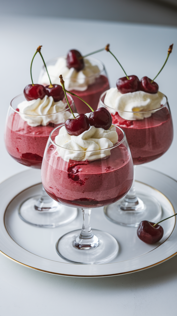 Cherry mousse is a light and fluffy dessert that’s perfect for any occasion. With its vibrant color and sweet cherry flavor, it's sure to impress your guests. Topped with whipped cream and fresh cherries, this treat is both delicious and beautiful!