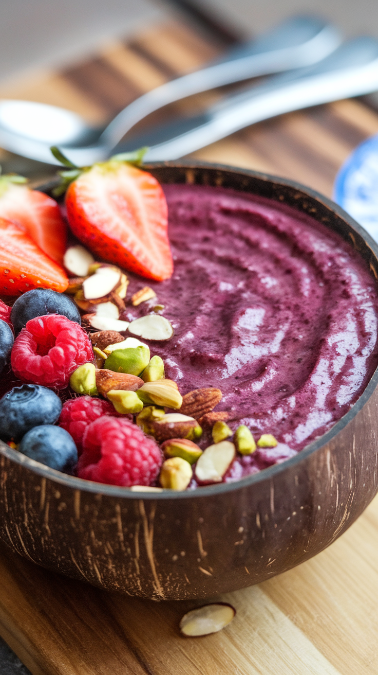 Start your day with a refreshing cherry smoothie bowl - it's like eating dessert for breakfast! This tasty treat blends cherries with your favorite fruits for a creamy delight. Top it with nuts and berries for extra crunch and flavor!