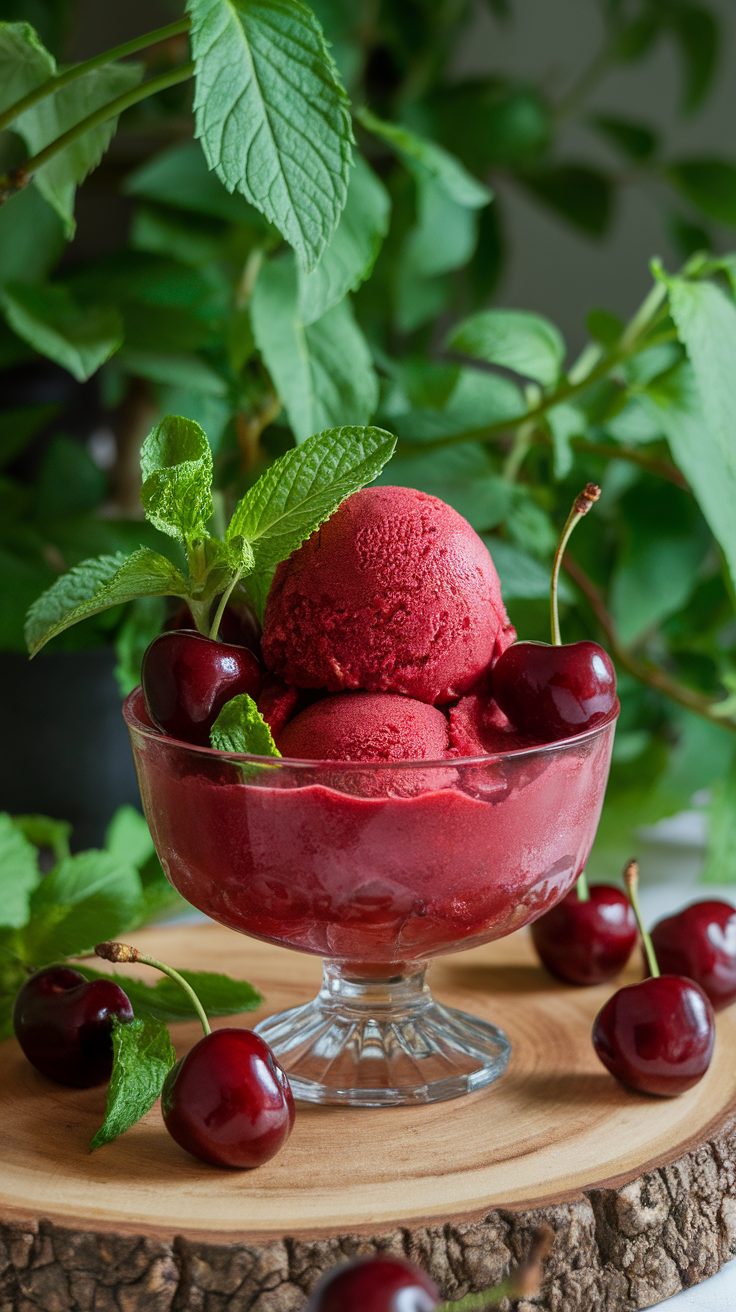 Cherry sorbet is a refreshing treat that captures the essence of summer. With its bright red color and sweet, tart flavor, it's perfect for cooling down on a hot day. Pair it with fresh cherries and mint for an extra special touch!