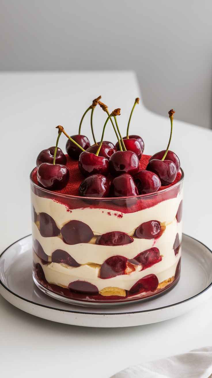 Cherry tiramisu is a fun twist on the classic dessert. Layers of creamy mascarpone, coffee-soaked ladyfingers, and fresh cherries come together for a delightful treat. This dessert is perfect for any gathering or a cozy night in!