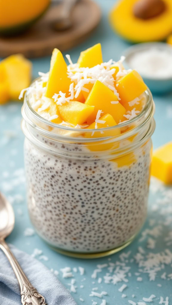 Transport yourself to the tropics with this Chia Seed Pudding jar! Coconut and mango come together for a refreshing and healthy treat. 🥥🥭 #ChiaPudding #HealthyEats #BreakfastGoals