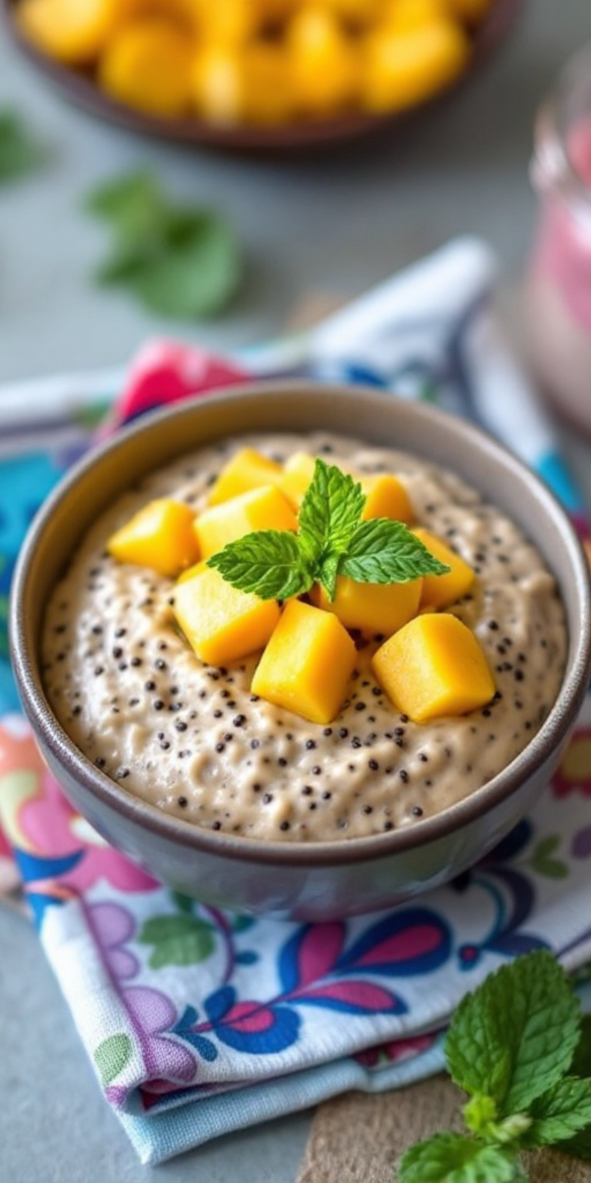 Chia seeds, milk, and a touch of maple syrup are all you need to prep this chia seed pudding the night before. In the morning, top with fresh mango cubes and a sprig of mint for a tropical twist. It’s creamy, dreamy, and loaded with nutrients.