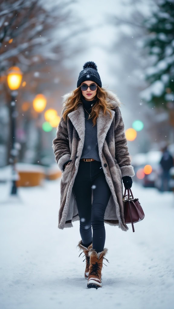 When winter arrives, staying warm and stylish is a must. A chic faux fur coat paired with cozy snow boots does just that! This outfit combines comfort and elegance, making it perfect for snowy strolls or holiday outings.